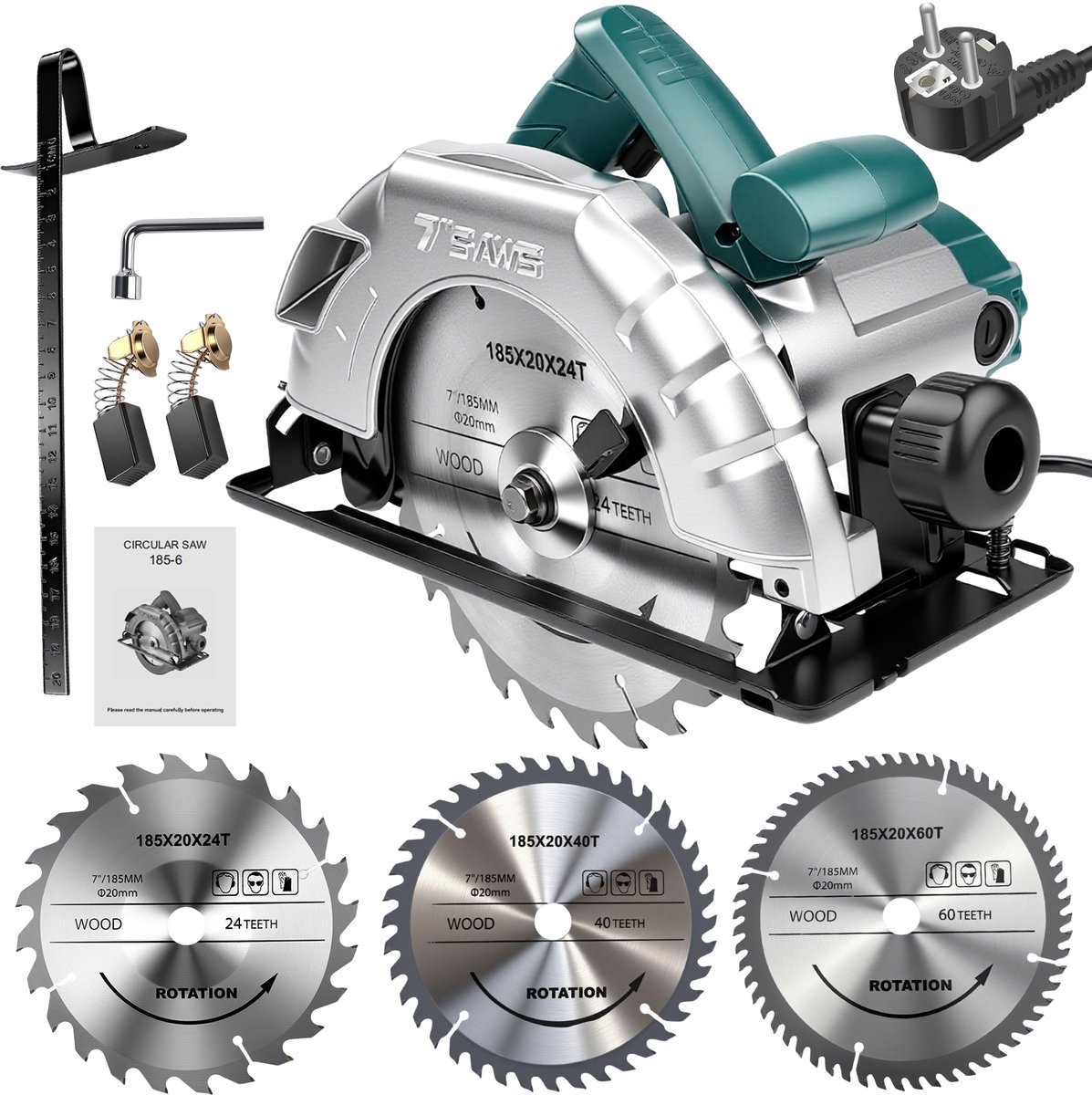 Elektrische Cirkelzaag - 1200W - 185 mm - Max. snijdiepte 60 mm - 5200 t/min - Inclusief 24/40/60 Tands Carbide Zagen - Aluminium Onderplaat - Werkbankmonteerbaar - 0-45° Afschuining