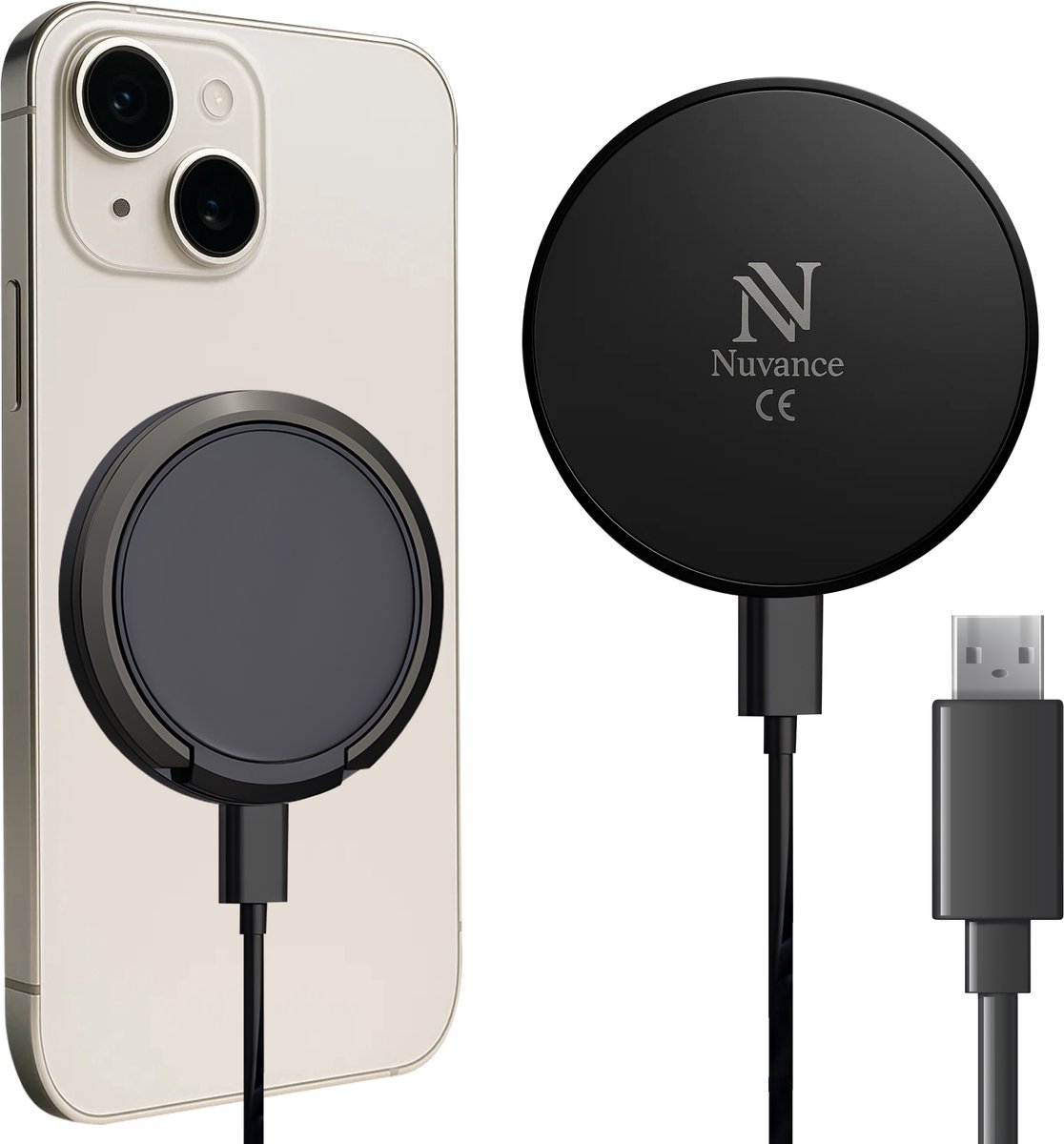 Nuvance Draadloze Oplader - 15W Snellader - Geschikt voor Magsafe - Wireless Charger - incl. Usb-A Kabel - Zwart