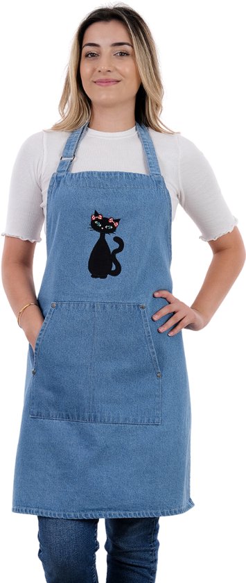 Sevilya Denim Keukenschort – Schort met Kattenprint – Blauw - 65x70 cm - Gewassen Spijkerstof – Met Twee Zakken – Verstelbare Nekband - Hoge Kwaliteit Kookschort voor Dames