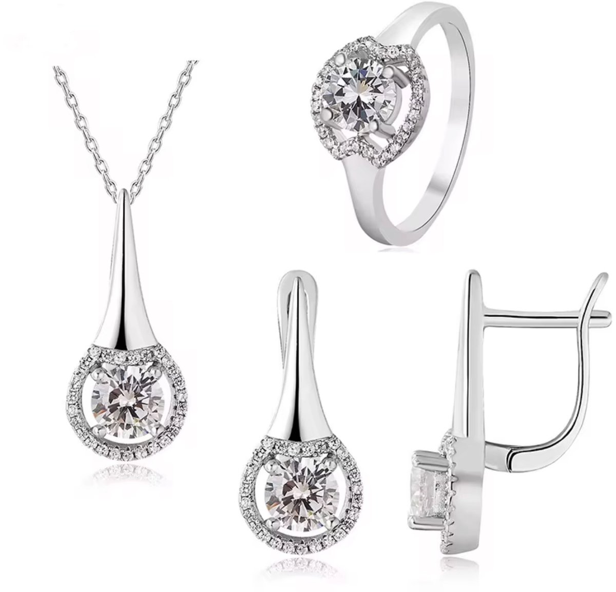 Zilveren dames sieradenset Zirkonia halo design - luxe set– Ringmaat 18