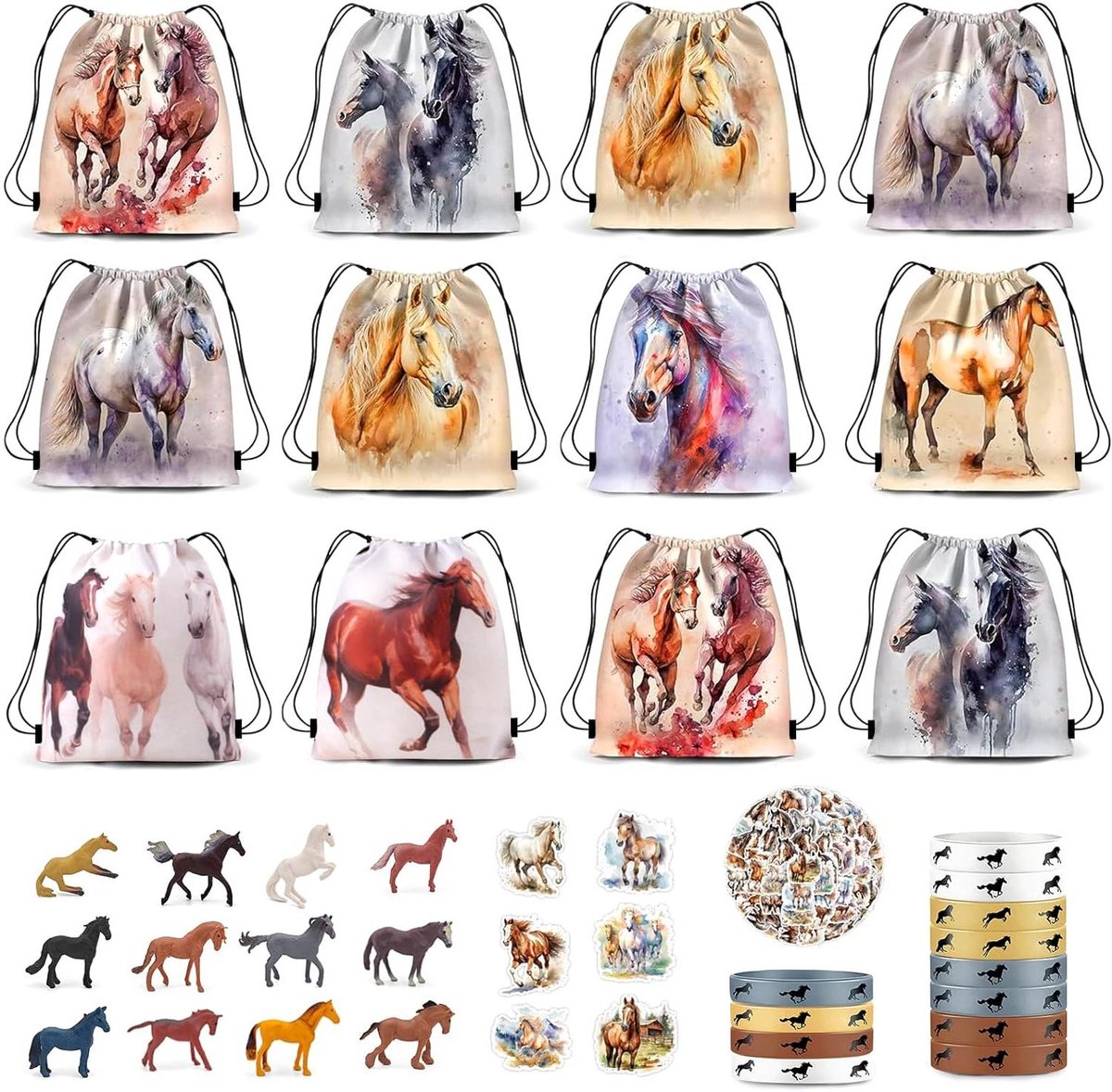 CSGoods - Paardenfeestcadeautjes voor kinderen met sporttas, stickers en siliconen armbanden