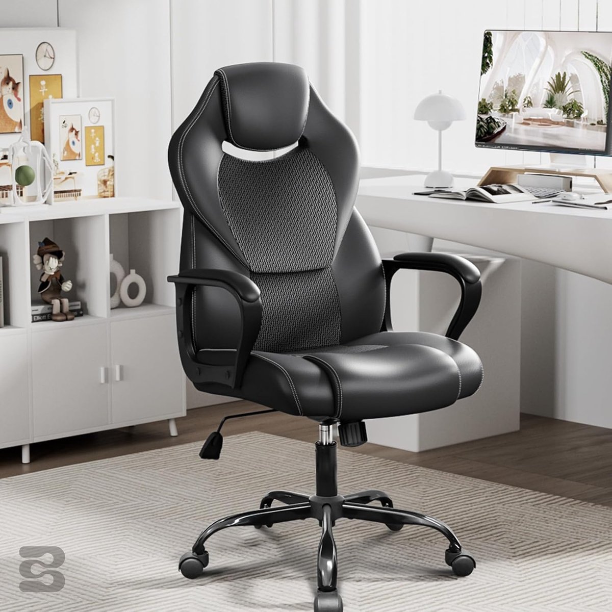 Luxe Ergonomische Bureaustoel – Racing & Gaming Office Chair met Hoog Rugkussen, Verstelbare Zithoogte, Schommelfunctie, 360° Draaibaar, Gevoerde Armleuningen – Comfortabele Directiestoel Zwart – Altameubel