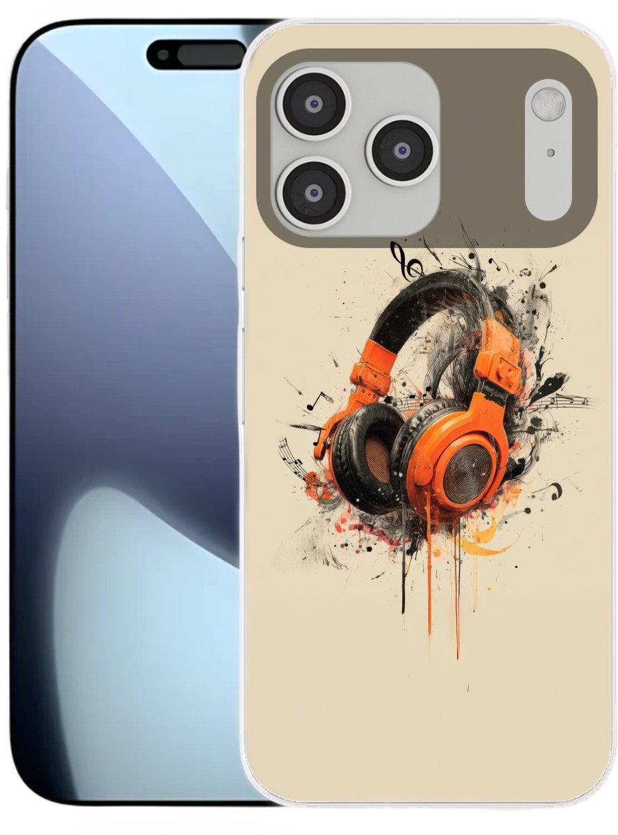 Telefoonhoesje Geschikt voor iPhone 17 Pro max hoesje - Koptelefoon - Oranje - Explosief - Siliconen Telefoonhoesje Telefoonhoesje