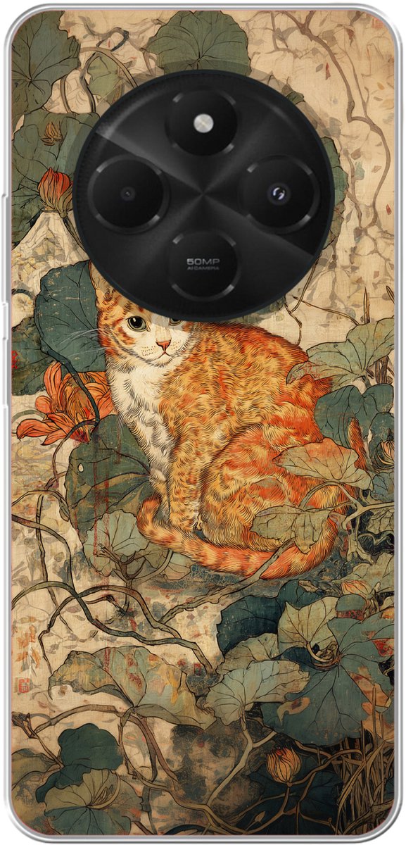 Telefoonhoesje Geschikt voor Xiaomi Geschikt voor Poco C75 (5G) hoesje - Kat - Sierlijk - Bloemen - Siliconen Telefoonhoesje Telefoonhoesje