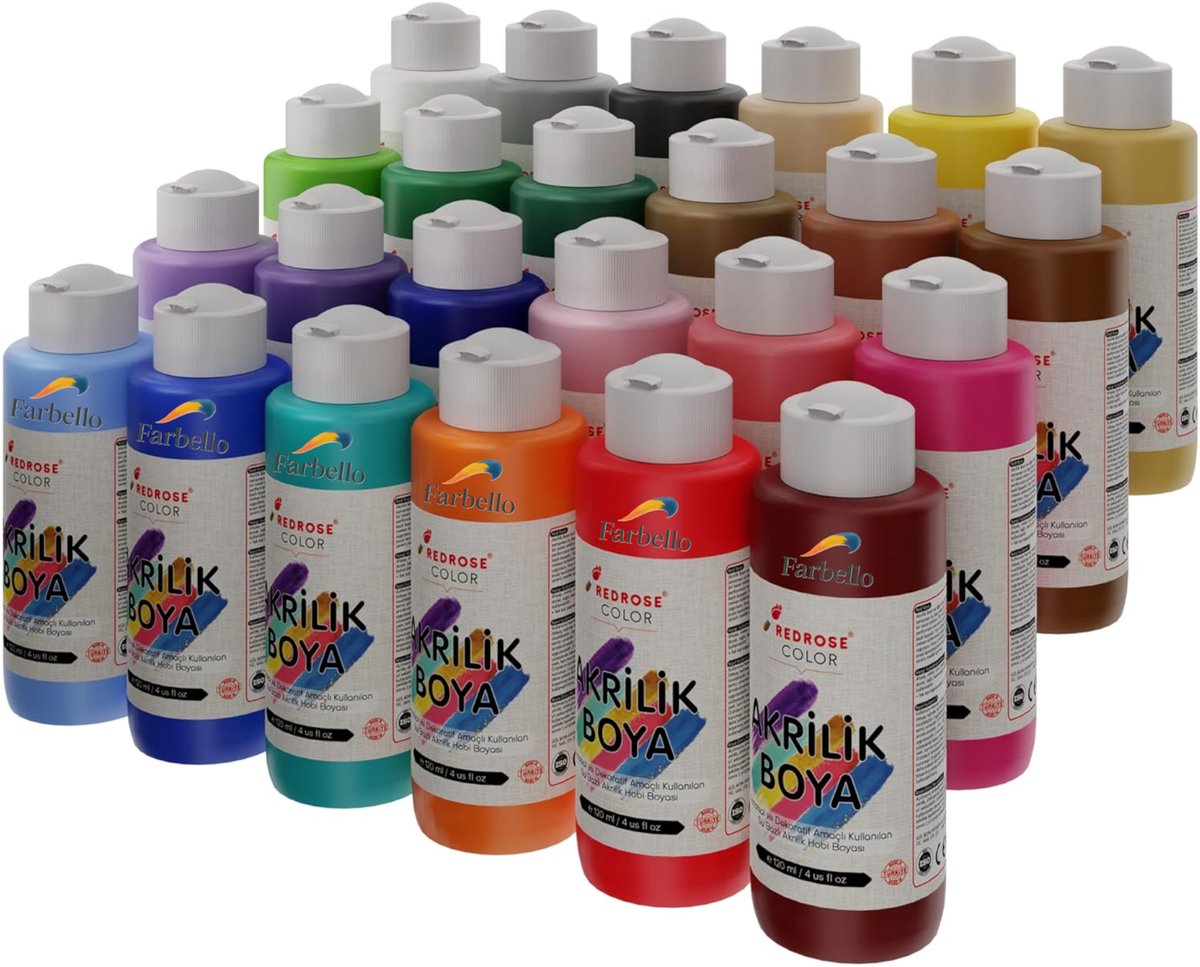 Farbello Acrylverf Set- 24 kleuren, 24 *120 ml., Sterk gepigmenteerde, Niet giftige verf op waterbasis, voor canvas, hout, steen, papier en metaal. — afbeelding 4