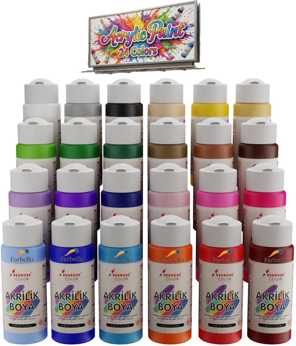 Farbello Acrylverf Set- 24 kleuren, 24 *120 ml., Sterk gepigmenteerde, Niet giftige verf op waterbasis, voor canvas, hout, steen, papier en metaal.