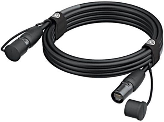 Zwarte Neutrik RJ45 netwerkkabel van 5 meter met beschermdoppen op de connectoren.