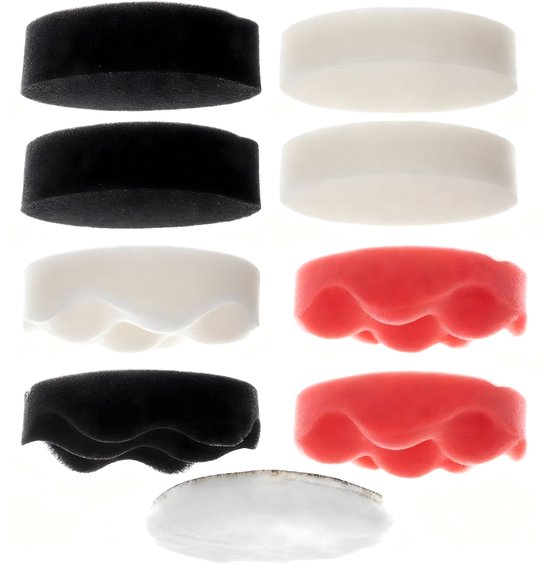 Set van negen polijstschijven in zwart, wit en rood, in diverse maten en vormen.