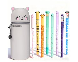 Namajunas - Uitwisbare pennen 8 kleuren - Gelpennen met siliconen etui - Katten Pennenzak - 0,6 mm Cartoon Patroon Dierenpen voor Schoolspullen van Kinderen of Kantoorbenodigdheden voor Volwassenen - Cadeauset - Niet geschikt voor legami vulling