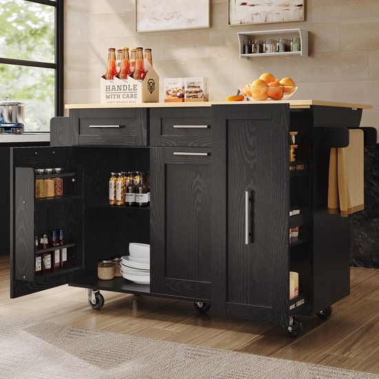 Îlot de cuisine, chariot de cuisine sur roulettes, armoire, desserte avec plan de travail, buffets, buffet de cuisine, buffet noir