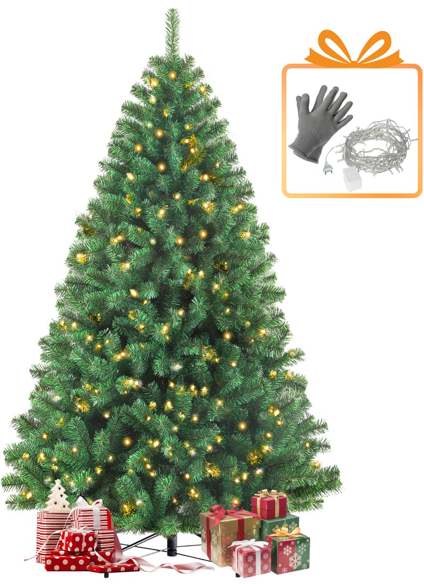 Sinaopus Kunstkerstboom – Met LED - Stadslicht Boom - verlichting (180 LED’s, 8 lichtmodi) – PVC – 900 takken – Metalen Standaard – Snel opzetten – Opvouwbare takken – Groene Kerstboom 185 cm