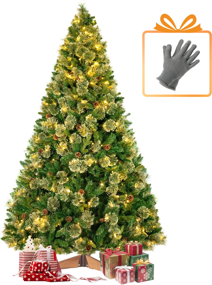 Sinaopus Kunstkerstboom 215 cm - Met denneappels&dennennaalden - Grimmse dennenappel - Met LED-verlichting (310 LED’s, 8 lichtmodi) – 1680 takken – PVC/PE – Opvouwbare houten standaard – Snel opzetten – Opvouwbare takken – Groen