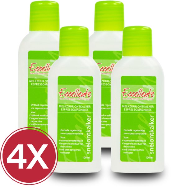 4x Eccellente Ontkalker voor Koffiemachines - Goed voor 4 ontkalkingsbeurten - Melkzuur ontkalker - Geschikt voor volautomatische koffiemachines en koffiecupmachines