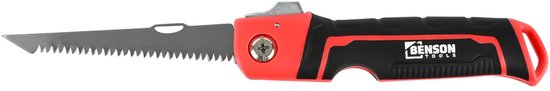 Inklapbare schrobzaag met rood en zwart handvat met grip. Het mes is uitgevouwen en scherp.
