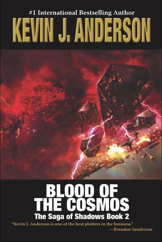 Boekomslag van 'Blood of the Cosmos', De Saga of Shadows Boek 2. Ruimteschepen vliegen door rode nevels.