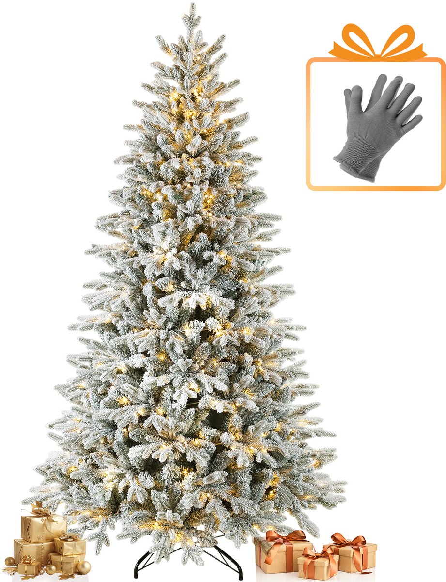 Sinaopus Kunstkerstboom 215 cm – Met sneeuw – Met LED-verlichting (320 LED’s, 8 lichtmodi) – 1279takken – PVC/PE – Metalen Standaard – Snel opzetten – Opvouwbare takken – Flocked kerstboom