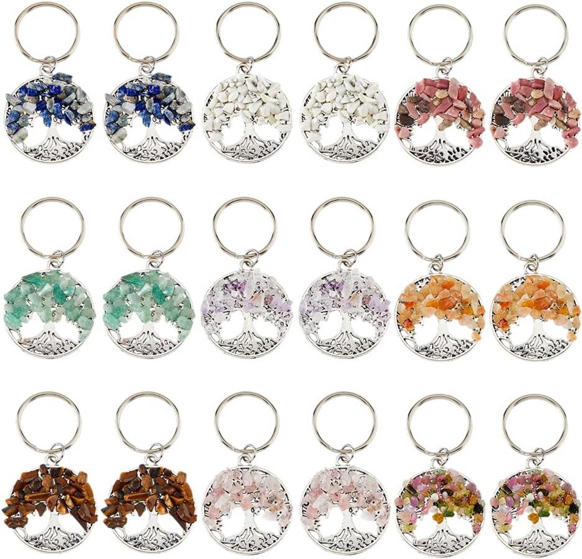 Set van 36 Levensboom Sleutelhangers met Chakra Edelstenen