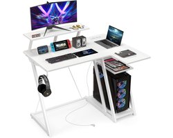 COSTWAY Bureau met stopcontacten en USB-poorten, kleine computertafel met monitorstandaard, hoofdtelefoonhaak, opbergvak en CPU-standaard, hoekbureau voor kleine ruimtes, 107 x 45 x 93 cm (wit)