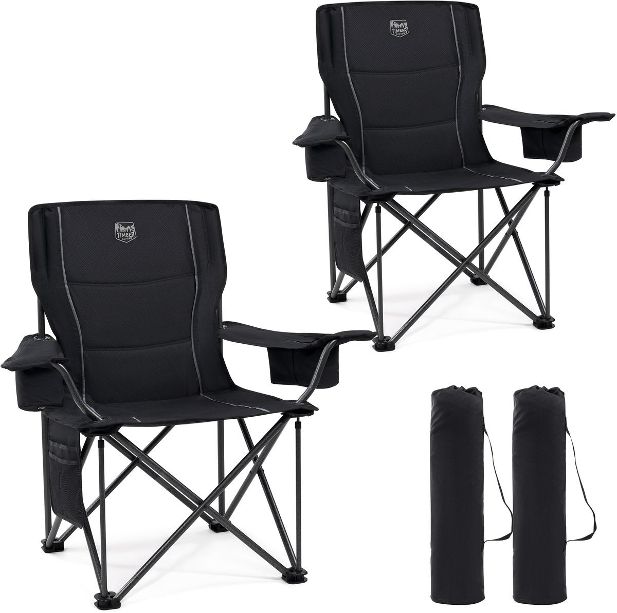 TIMBER RIDGE Campingstoelen XL - 2-Pack - Opvouwbaar - 200KG draagvermogen - Met bekerhouder & zijvak - Voor camping - Klapstoel - Visstoel - Kampeerstoel - Vouwstoel -Zwart