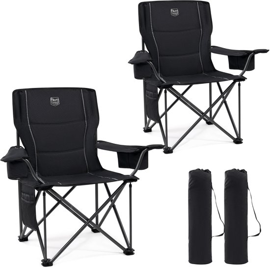 Twee zwarte, opvouwbare TIMBER RIDGE campingstoelen met draagtassen.