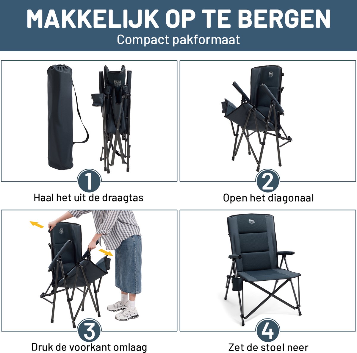TIMBER RIDGE Campingstoel - Opvouwbaar & Stevig - 150KG draagvermogen - 55 cm zitbreedte - Hoge rugleuning - Met bekerhouder - Zwart — cadeau in Sport & Outdoor - foto 8