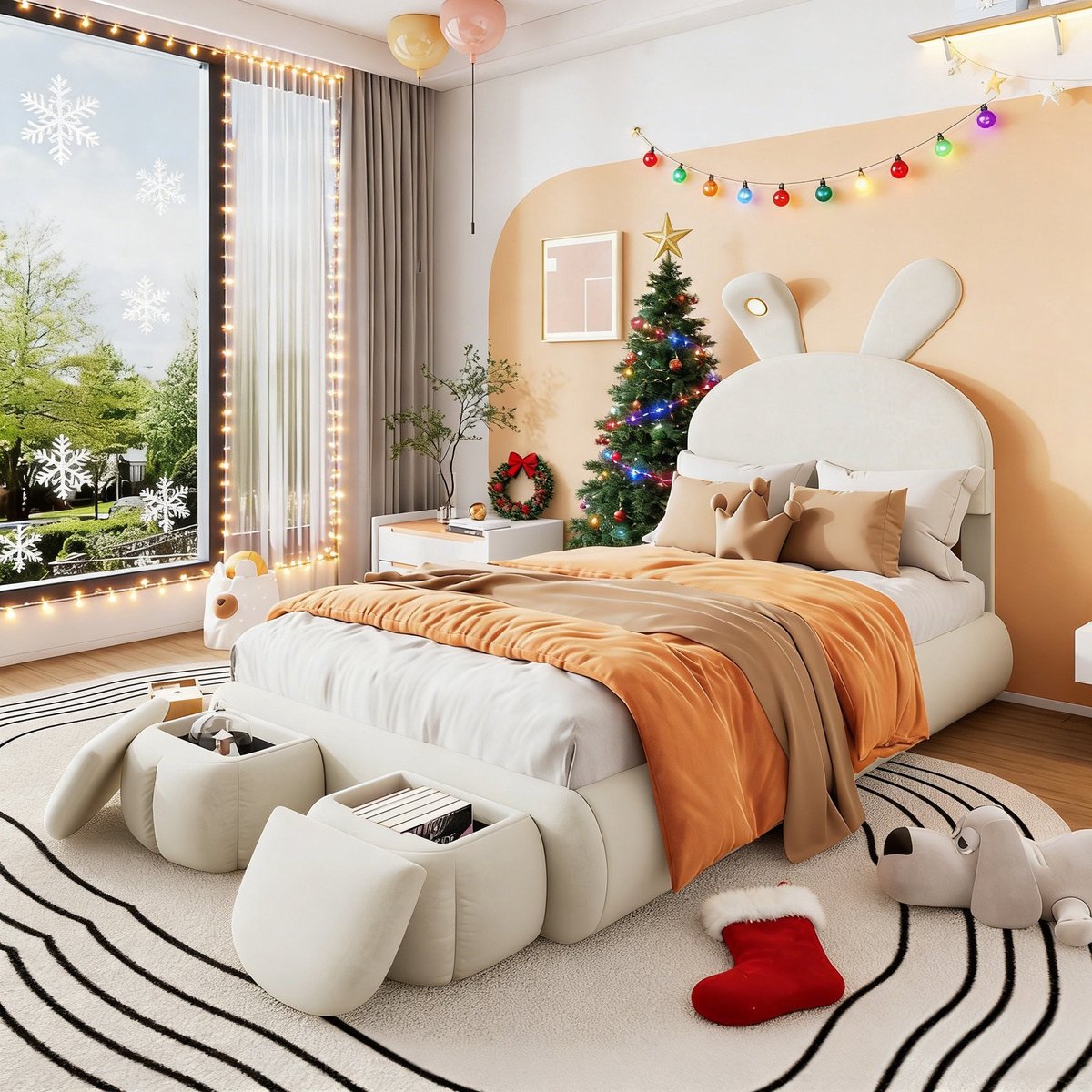 MODFU Gestoffeerd kinderbed 90x200 cm – Fluweel beige – Konijnenoren – LED-strip – 2 opbergpoefs – Lattenbodem Lichtbruin