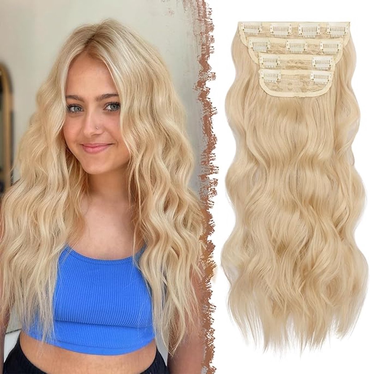 Clip in Hair Extensions 4PCS Dik Haar Stuk Lange Golvende Clip in Extensies Volledige Hoofd Synthetische Haarstukjes Blond Haarextensies voor Vrouwen, 50 cm