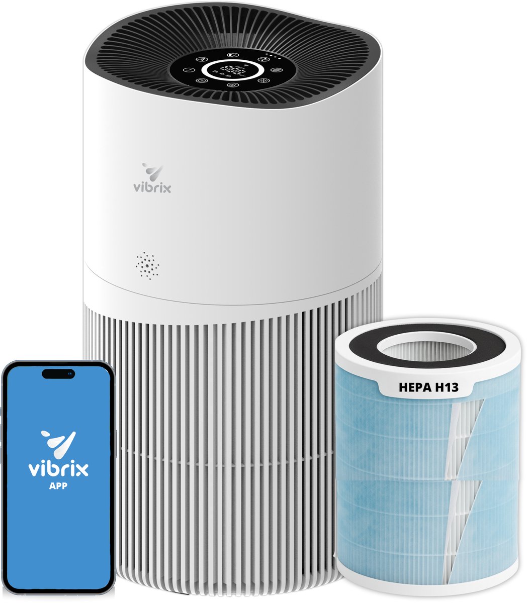 Vibrix PureFlow70 Luchtreiniger - 468m3/u - Air Purifier met Ionisator - Hepa Filter + Koolstof Filter - Luchtfilter tegen stof, hooikoorts, allergie en huisstofmijt - Slaapstand en luchtkwaliteit indicator
