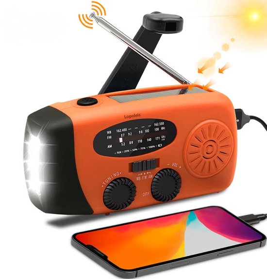 Draagbare Noodradio solar opwindbaar, Zonnepaneel, Dynamo Crank & Powerbank – Powerbank 2000 mAh – Zaklamp – Zonneenergie – Noodpakket Opwindbaar, Draagbare radio – Voor Rampen, Voor Camping