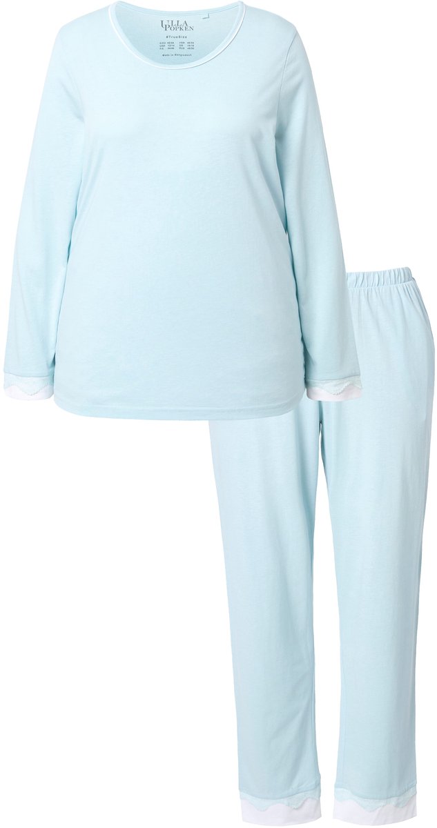 Ulla Popken Dames - Pyjama kant ronde hals lange mouwen - Ijszeeblauw - Maat 58+