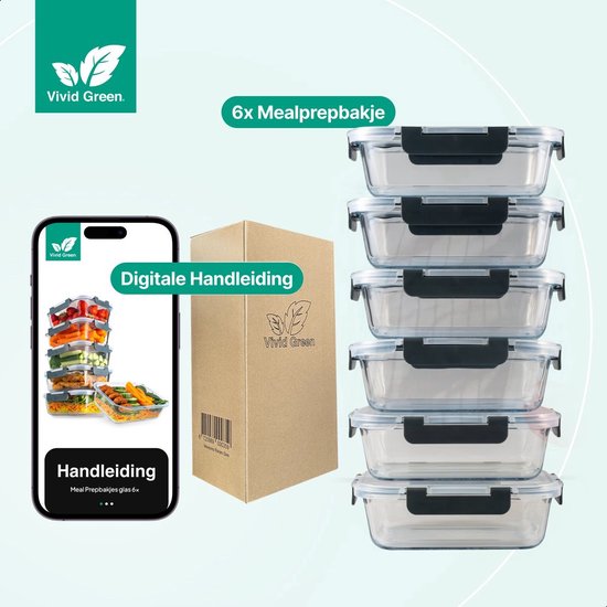 Vivid Green Récipients de Prep de repas – Set de Boîtes de conservation avec couvercle – Micro-ondes – Récipients de congélation – Hermétique – 1 L – Glas – 6 pièces