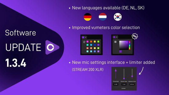 Software-update informatie voor de Hercules audiocontroller met vumeter-kleurselectie en microfooninstellingen.