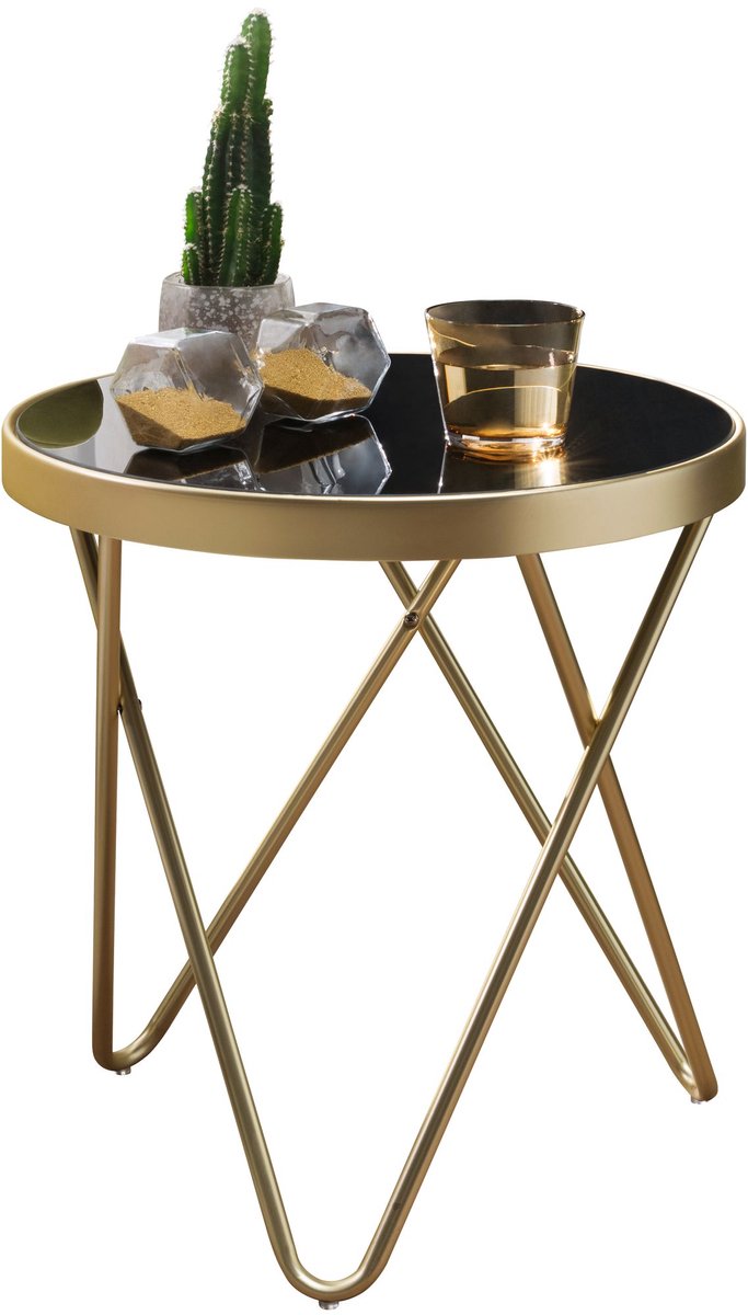 Design Bijzettafel DANA 42x46x42cm Rond Zwart / Mat Goud | Design glazen salontafel modern | Glazen tafel met metalen frame | Kleine salontafel | Ronde metalen tafel woonkamer