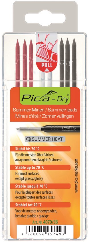 Pica-Dry zomer-stiften, 3 rode en 3 zwarte stiften in een doorzichtige verpakking met oranje en witte tekst.