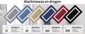 Zes badmatten in verschillende maten en kleuren: grijs, blauw, beige, donkerblauw, rood en zwart, allemaal met een witte rand. Machinewas en droog.