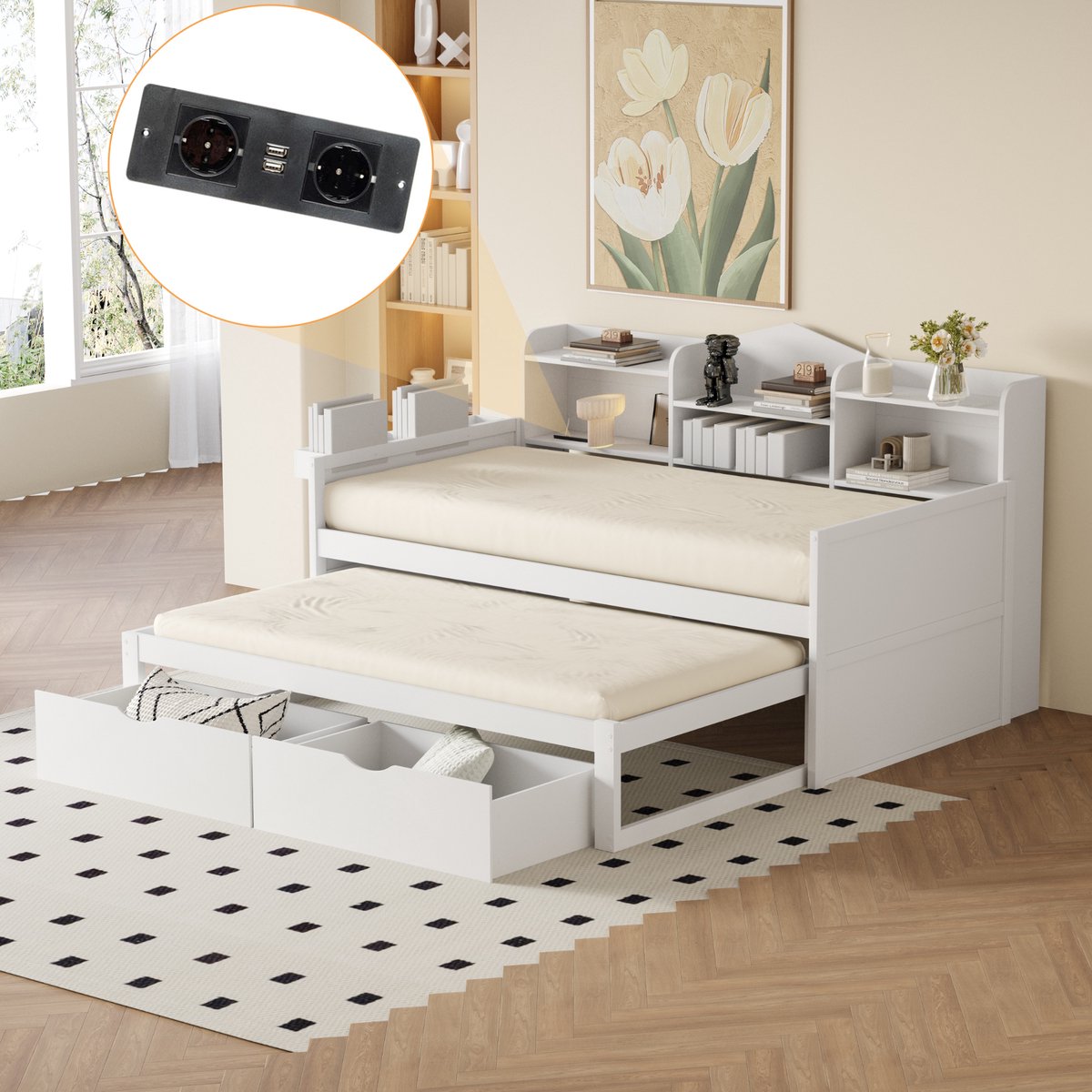 Wishdor Slaapbank Eenpersoonsbed Met Uitschuifbed - Opberglades En Opbergvak - USB-Aansluiting - Hout - Wit - 90 x 200 cm