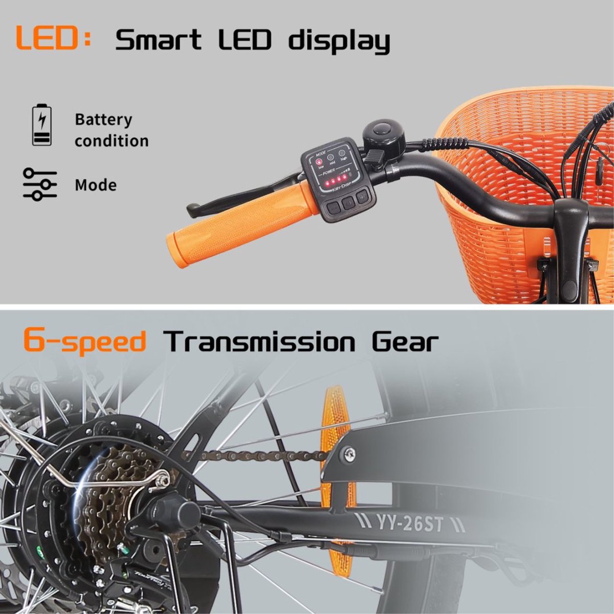 TTGO YY-26ST Elektrische Fiets - 250W Motor - 36V14.5Ah Accu - 26x1.75" Banden - Max Snelheid 25km/u - Max Bereik 60-75km - Shimano 6 Versnellingen - Zwart thumbnail 8