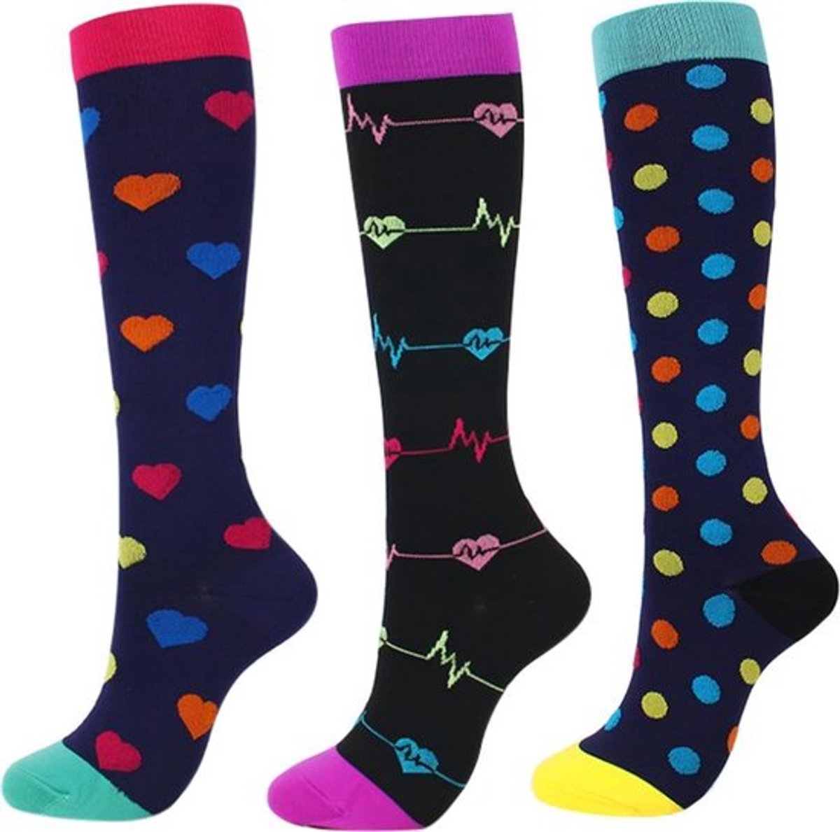 Compressiesokken 3 Paar – Compressiekousen Sportsokken met Leuke Print – Ondersteuning bij Sport, Wandelen & Reizen – Verbeterde Doorbloeding & Sneldrogend – Unisex - L/XL (Maat 40/45)