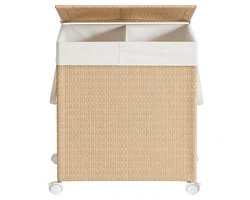 Dubbele wasmand met verdeler 46,5×37,5×65 cm 100L, met wielen, deksel, handvat en afneembare waszak, rotan-look, stevig en duurzaam, water- en verouderingsbestendig, geschikt voor wasruimte en badkamer