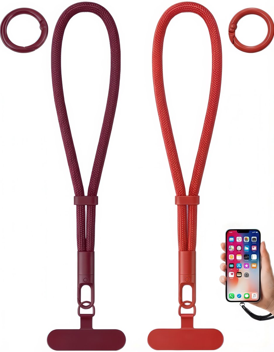 2x Polsband Telefoonkoord met 2 Ringen & Bevestigingsplaatjes, - Kort Universeel GSM Lanyard Keycord Strap - Polsbandje Sleutelkoord Telefoonketting - Musketonhaak Telefoon Koord Sleutelhanger - Keykoord Pashouder - Phone Ketting Cord - Rood