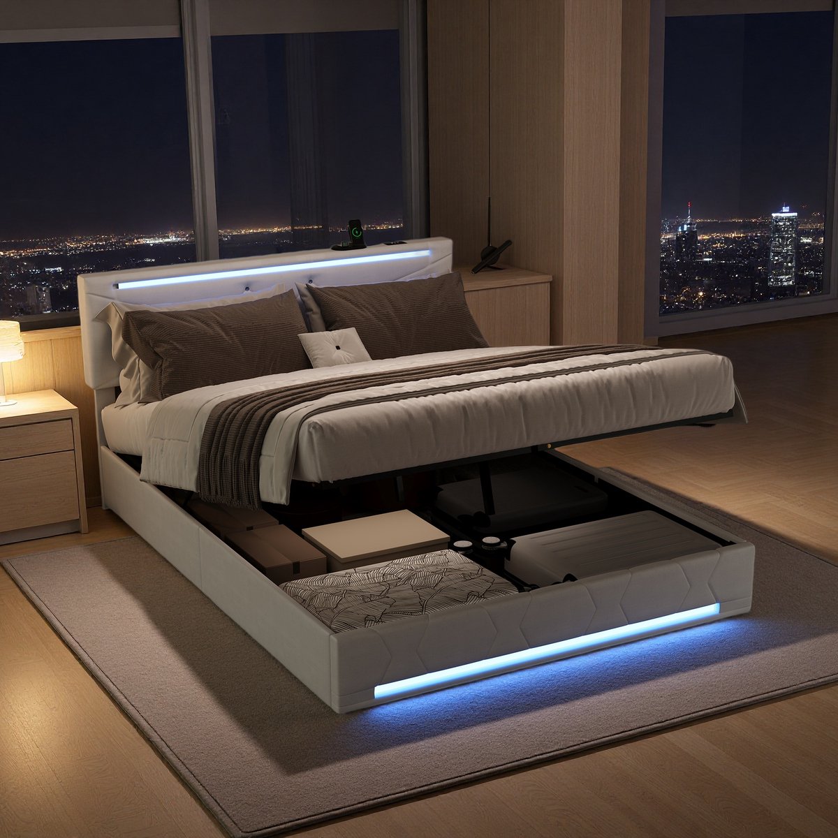 SHOPENTRA Opbergbed 140x200 cm Beige met Gaslift en LED-verlichting - SHOPENTRA - €219,99