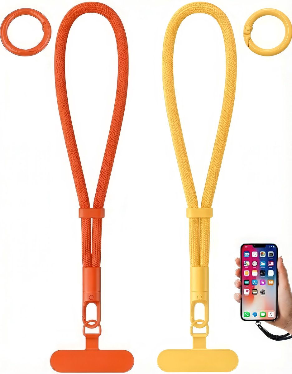 2x Polsband Telefoonkoord met 2 Ringen & Bevestigingsplaatjes - Kort Universeel GSM Lanyard Keycord Strap - Polsbandje Sleutelkoord Telefoonketting - Musketonhaak Telefoon Koord Sleutelhanger - Keykoord Pashouder - Phone Ketting Cord - Geel & Oranje