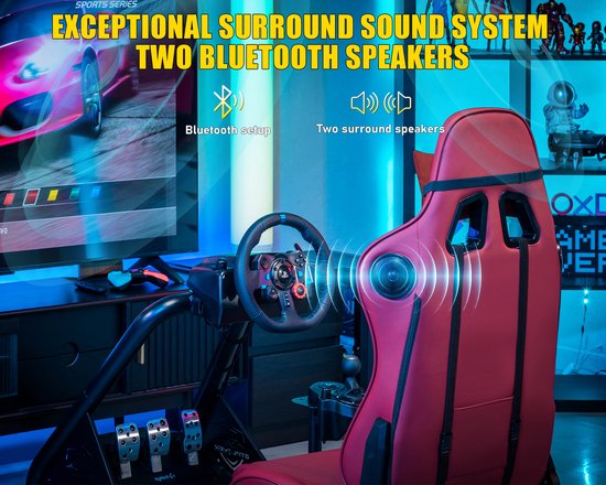 Bordeauxrode racestoel met een aanduiding van het surround sound-systeem en twee Bluetooth-luidsprekers.