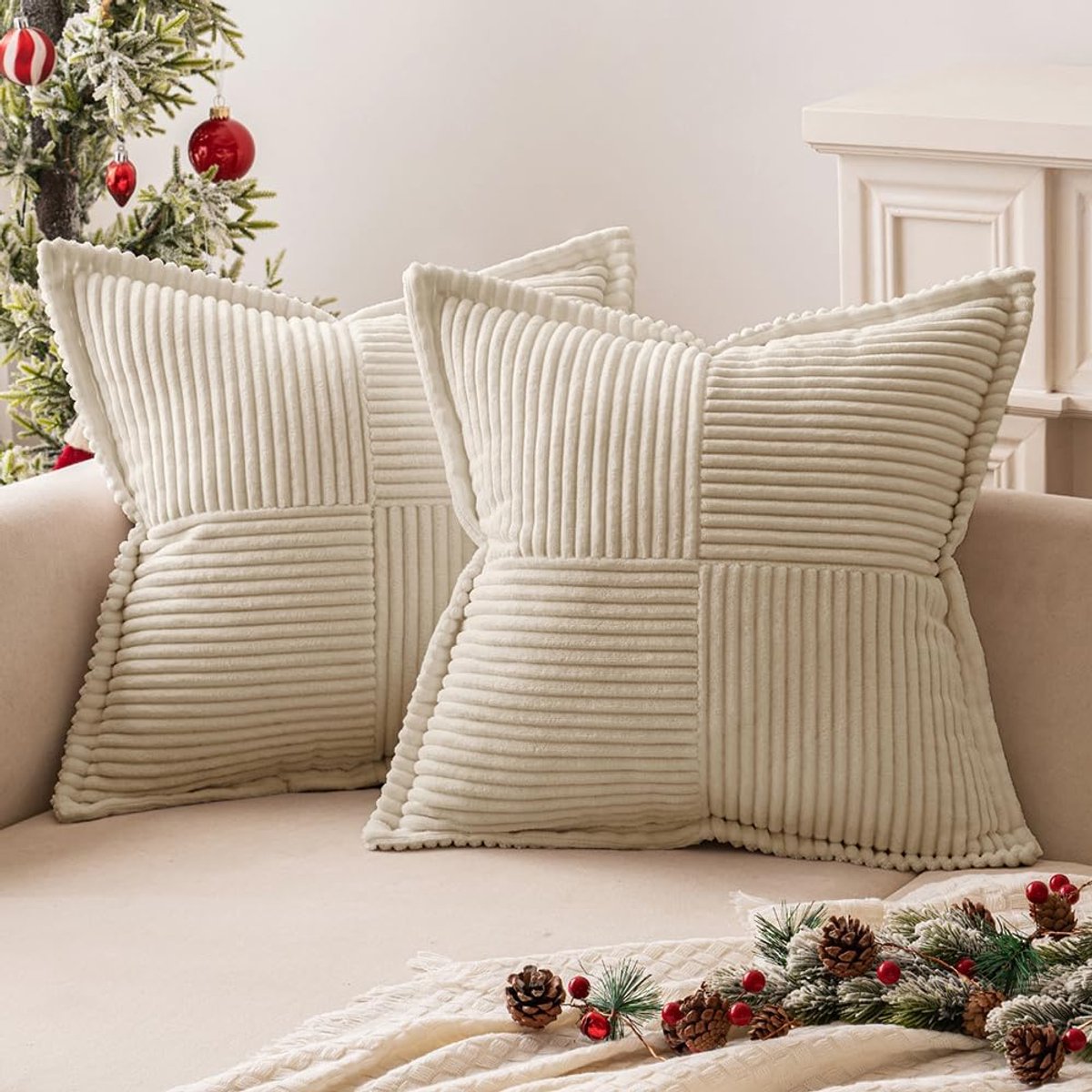 Famanu 2 stuks Patchwork kussenslopen van corduroy fluweel voor bank, decoratieve kussenslopen, moderne zachte vierkante kussens voor slaapkamer, huis, woonkamer, 40 x 40 cm, donkergroen Creme