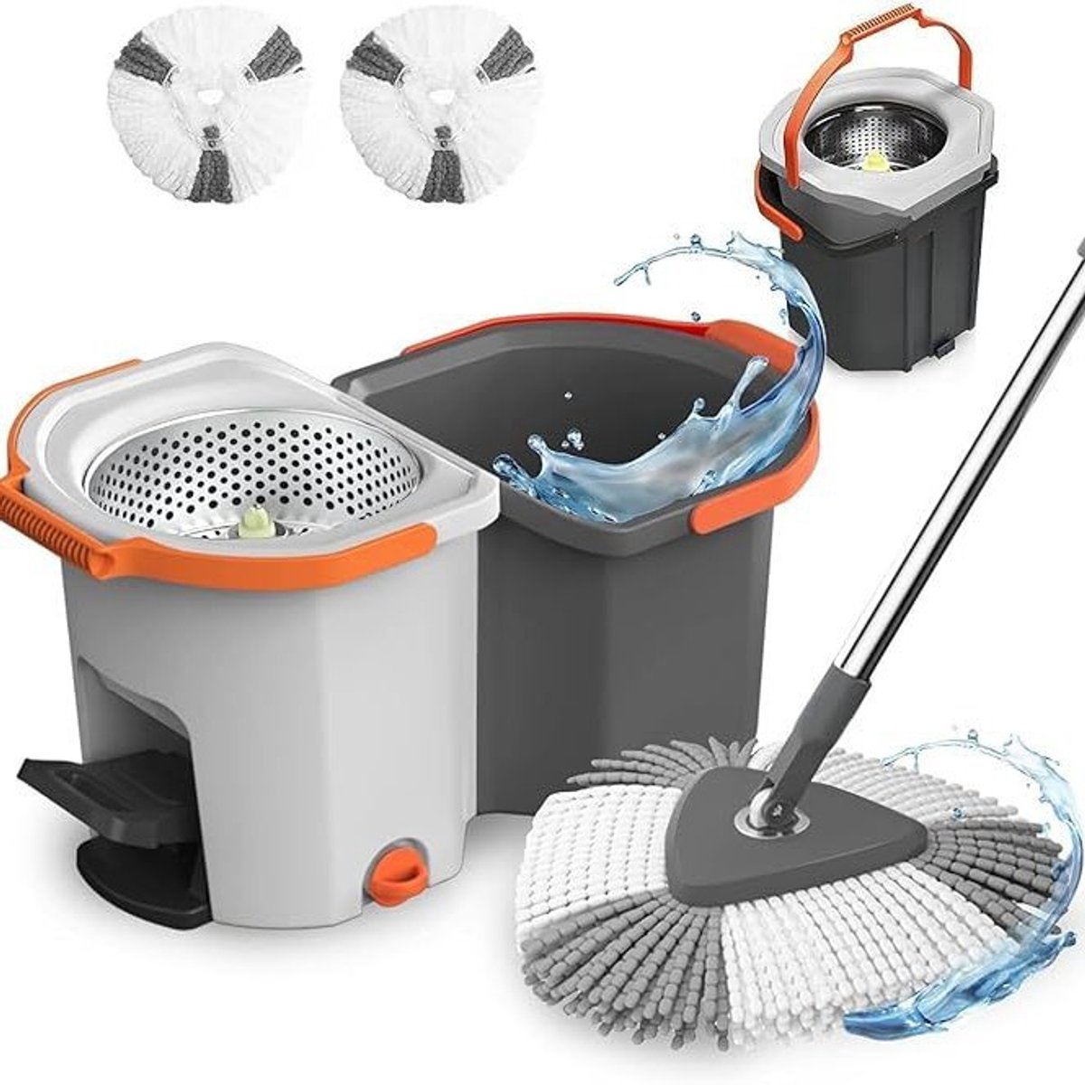 Roterend Mopsysteem met Voetpedaal - Dweil - Mopset - Schoon & Vuil Water Scheiding - Dweilset met Emmer & 2 Microvezel Doeken - 180° Inklapbare Vloerwisser - RVS Steel - Voor Alle Vloeren - Turbo Wringmechanisme - Ideaal tegen Huisdierharen & Stof