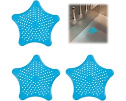 3 stuks- Vijfhoekig filter - Zuignap in de vorm van een ster - Afvoerdeksel in de vorm van een zeester - Haarvanger- Filter - Voor afvoer van keuken- en badkamergootsteen- TPR-materiaal - Blauw - 13 cm