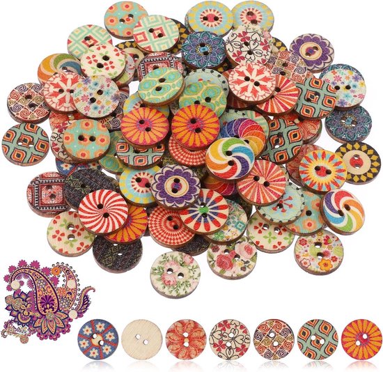 50 stuks 20 mm 25 mm ronde houten knopen 2-gats retro kleurrijke bloemenstijl #DIY naaien scrapbooking handwerken kaarten maken - 2 maten optie - België