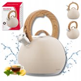 Bouilloire sifflante KLAUSBERG KB-7956 3 L – Beige Mat – Poignée à effet bois – Acier inoxydable – Induction – Avec sifflet