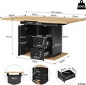 Afmetingen van de uitschuifbare houten tafel en het donkere onderstel met open kast en laden.