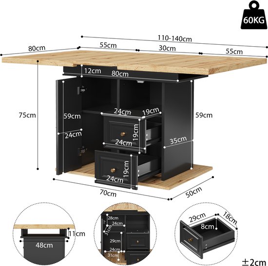 Afmetingen van de uitschuifbare houten tafel en het donkere onderstel met open kast en laden.